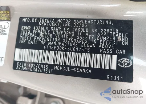 2005 Toyota Camry Le V6 z USA, uszkodzony, nr VIN 4T1BF30K45U612515